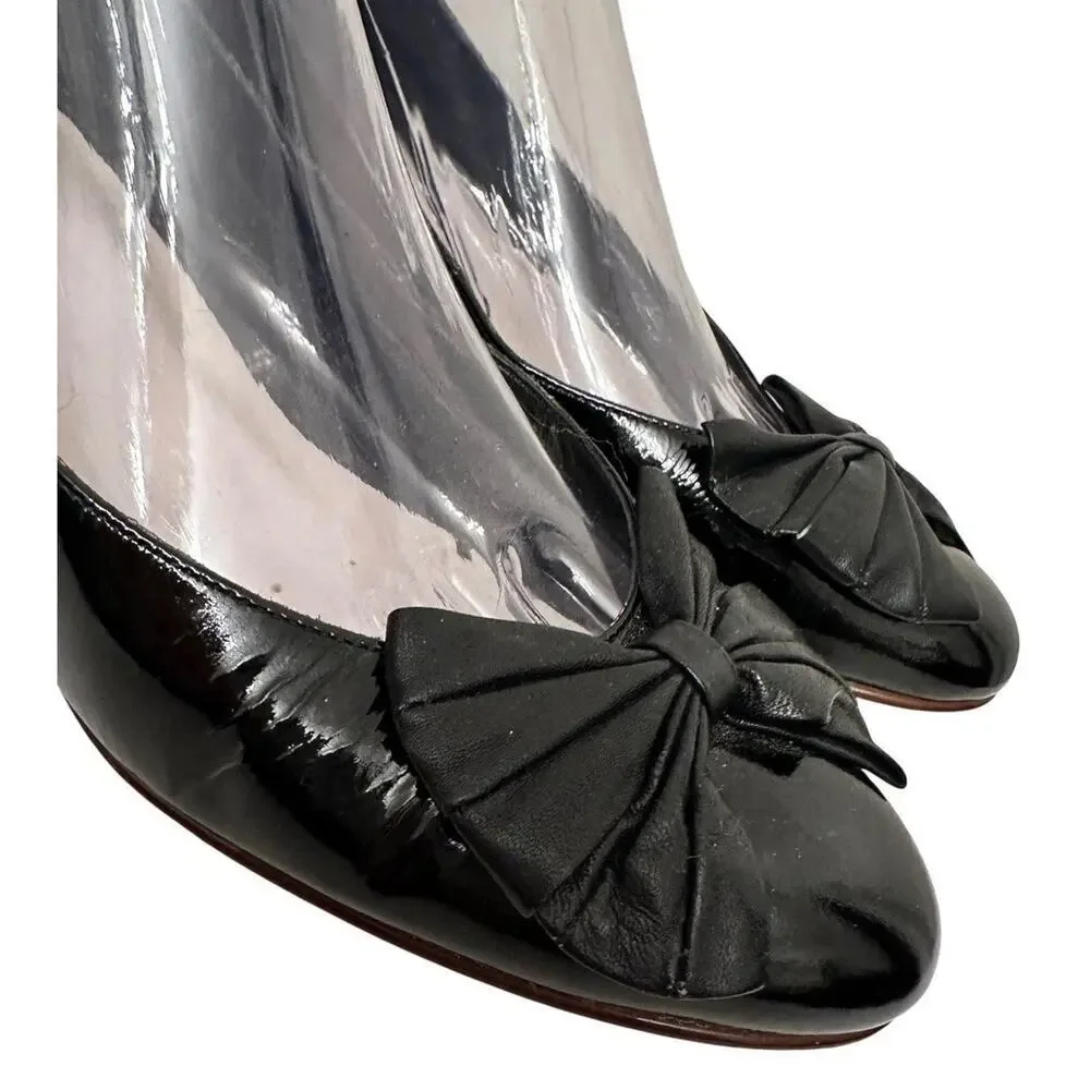 Vintage Nine West Black Patent Bow Wedge Heels Size 9N Retro‎